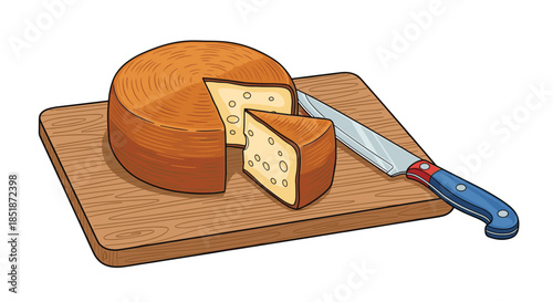 Realistic illustration of a round cheese wheel with a cut slice placed on a wooden cutting board accompanied by a knife for culinary presentation.