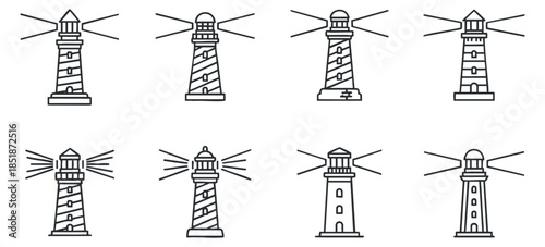 A collection of lighthouse icons in minimalist black and white outline vector style, ideal for nautical-themed designs and illustrations