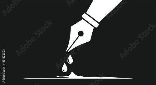 Striking black and white illustration of a fountain pen nib with ink drops falling onto a surface representing writing literature and creativity.