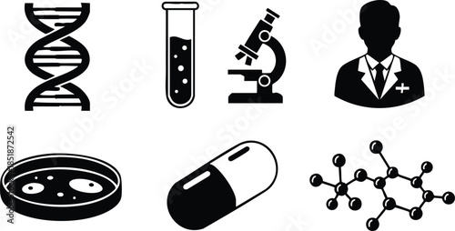 Flat design close up laboratory icons set showing dna helix test tube microscope scientist silhouette petri dish capsule and molecule symbols in bold monochrome style vector