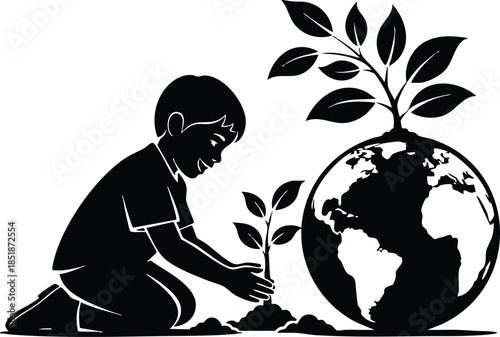 Flat design silhouette side view kneeling child planting small seedling beside sprouting globe with leaves looking at plant eco conservation black and white minimal vector art