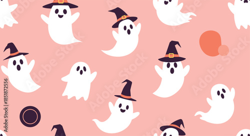Adorable seamless pattern of cute cartoon ghosts wearing witch hats on a soft pink background ideal for Halloween decorations and festive designs.