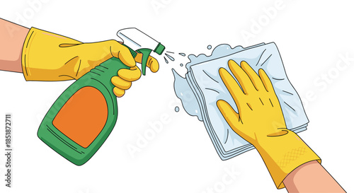 Dynamic illustration of hands wearing yellow gloves using a spray bottle and cloth to clean a surface depicting effective household hygiene and sanitation.