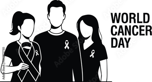 Flat design close up three people wearing cancer awareness ribbons looking at camera standing together world cancer day solidarity public health message hopeful supportive inclusive calm