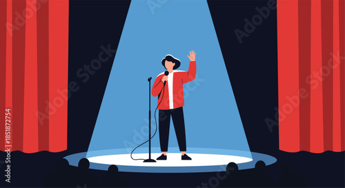 Dynamic illustration of a male stand-up comedian performing on stage under a bright spotlight with a microphone against a red curtain background.