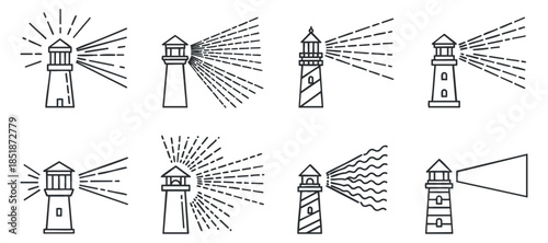 A set of lighthouse illustrations in black outline vector style, perfect for nautical themes and maritime designs