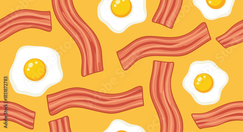 Delicious seamless pattern of perfectly fried eggs and crispy bacon strips scattered on a vibrant yellow background for breakfast and food themes.