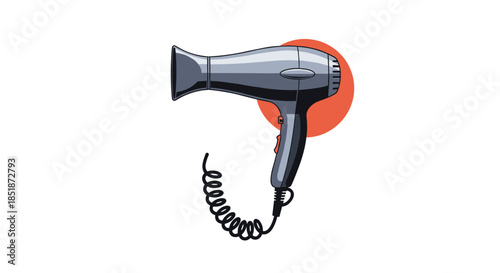 Stylish illustration of a grey hairdryer with a red power button and coiled cord set against a soft orange circle representing modern beauty tools.