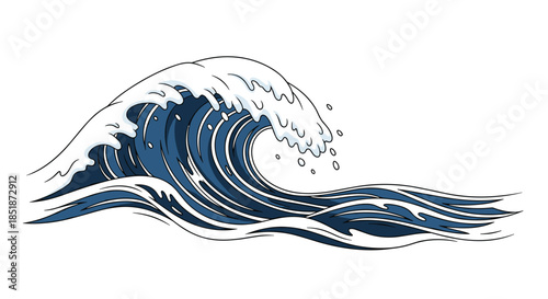 Powerful illustration of a large ocean wave cresting with foamy white water and deep blue tones representing marine strength and natural beauty.