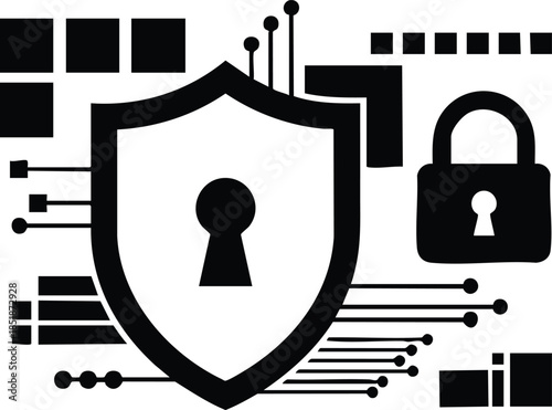 Flat design close up shield icon with keyhole and padlock over circuit board network representing cybersecurity and data protection monochrome vector art front view badge web ui
