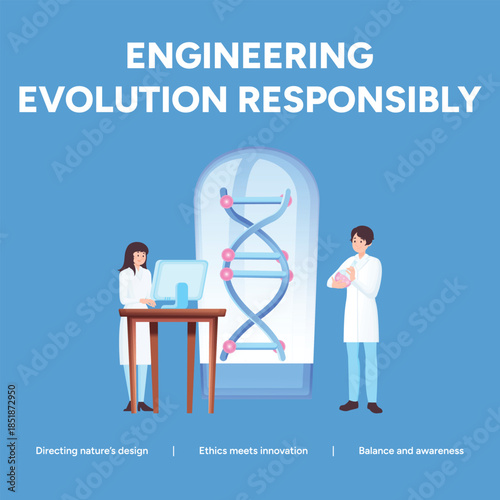 Scientists engineering evolution responsibly in laboratory with dna structure model