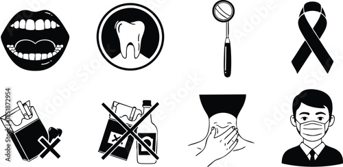 Flat design icon set dental and medical symbols showing open mouth tooth dental mirror awareness ribbon iv bag no eating sign coughing person wearing mask silhouette