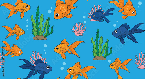 Vibrant seamless pattern of goldfish and blue ornamental fish swimming among green aquatic plants and pink corals on a bright blue background.