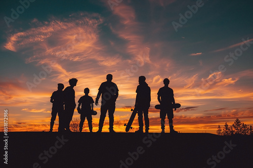  Silhouette of a group of friends with skateboards against a sunset sky at a skatepark. Youth culture, street lifestyle