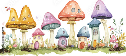 Red fly agaric mushrooms grow in a magical summer garden where spring flowers bloom amidst lush green grass and forest fungi