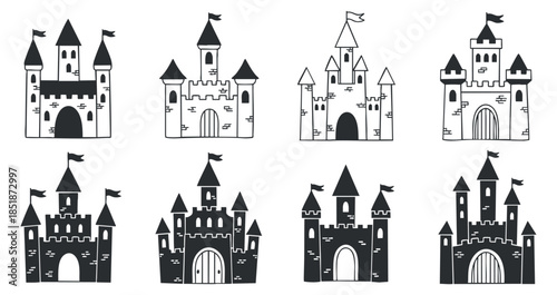 A collection of eight different castle illustrations in black and white vector style, ideal for children's book designs