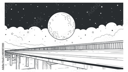 A serene night landscape featuring a large moon and stars, illustrated in black and white outline style, ideal for artistic projects