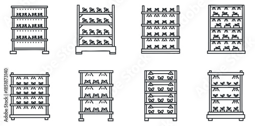 A collection of shelving units in outline vector style, designed for storage and organization, suitable for interior design projects