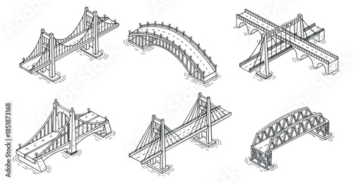 A collection of six different bridge designs in black and white outline vector style, suitable for architectural illustrations and engineering projects