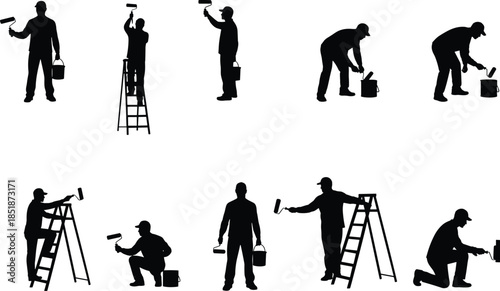 Painter silhouettes set with ladder roller bucket isolated on white background for house renovation decorating construction projects commercial interior maintenance