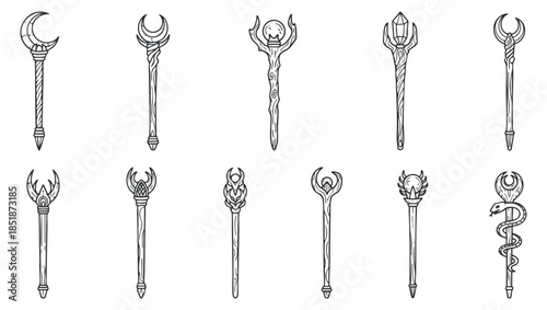 A collection of 10 ornate magic wands and staffs in black outline vector style, perfect for fantasy illustrations and designs