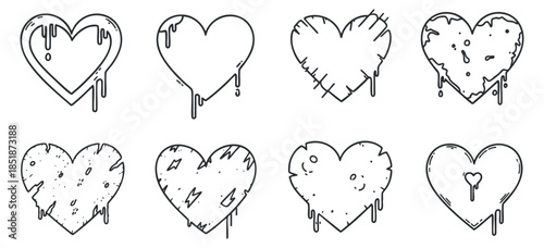 A collection of eight heart illustrations in various styles including dripping, broken, and doodle designs, ideal for romantic themes and digital art projects