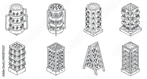 A collection of vertical garden systems and hydroponic planters in outline vector style, suitable for sustainable agriculture design projects