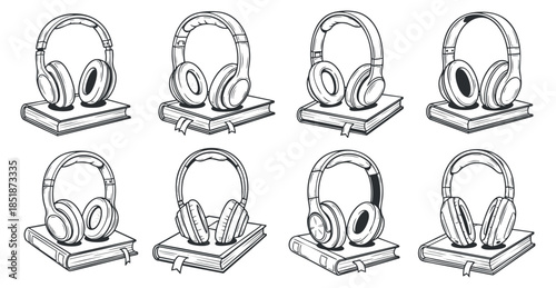 A collection of headphones resting on books in a detailed outline vector style, ideal for educational and music-related projects