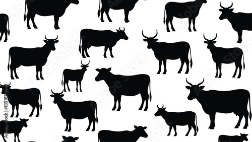 Collection of black silhouettes of cows and bulls in various poses