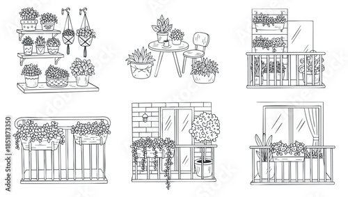 A collection of balcony gardening illustrations featuring various plants and pots in minimalist line art style, suitable for home decor themes