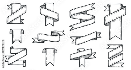 A set of hand-drawn decorative ribbons and banners in black and white sketch style, suitable for invitations and creative projects
