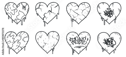 A collection of eight unique heart designs featuring dripping and cracked styles in black and white vector illustration, perfect for urban art projects and creative designs