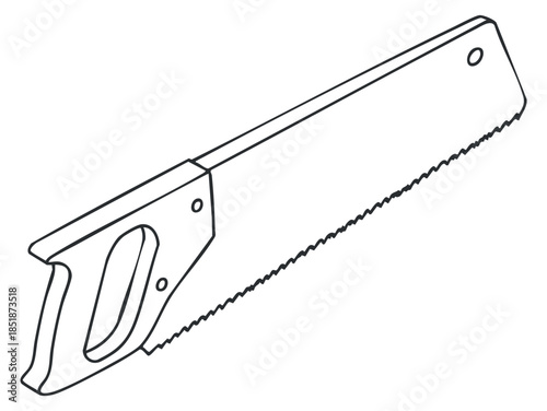 A hand saw with a straight blade and a handle in black and white outline vector style, suitable for woodworking and carpentry designs