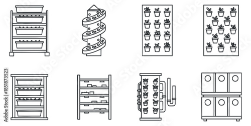 A collection of various planters and gardening racks in minimalist black outline vector style, suitable for gardening projects and home decor