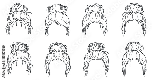 A collection of eight different bun hairstyles in black and white outline vector style, ideal for beauty and fashion design projects