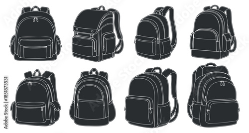 A collection of various backpacks in black and white outline vector style, suitable for travel and school applications