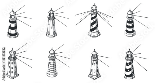 A collection of eight lighthouse illustrations in black and white outline vector style, ideal for nautical-themed projects and maritime designs