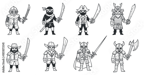 A collection of eight cartoon warrior characters including ninjas, pirates, samurais, and knights in black and white vector style, suitable for gaming and creative projects