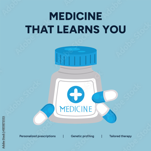 Medicine that learns you, with pills and bottle, on a light blue square background