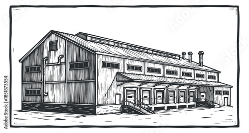 A detailed illustration of a vintage industrial factory building in black and white vector style, suitable for architectural design projects