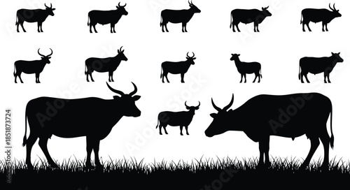 Deer silhouettes in various poses and sizes on white background