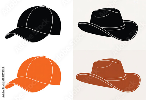 Collection of Four Baseball Caps and Cowboy Hats in Black and Orange Silhouettes for Apparel Branding, Western Themes, and Casual Sportswear Graphics.