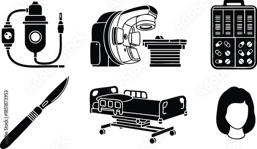 Flat icon close up medical equipment set showing infusion bag ct scanner patient monitor scalpel hospital bed nurse silhouette minimal black vector illustration isolated monochrome icons