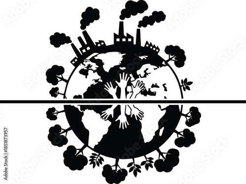 Silhouette flat design top view globe showing factories emitting smoke and trees around divided by horizontal line symbolizing environmental damage contrast