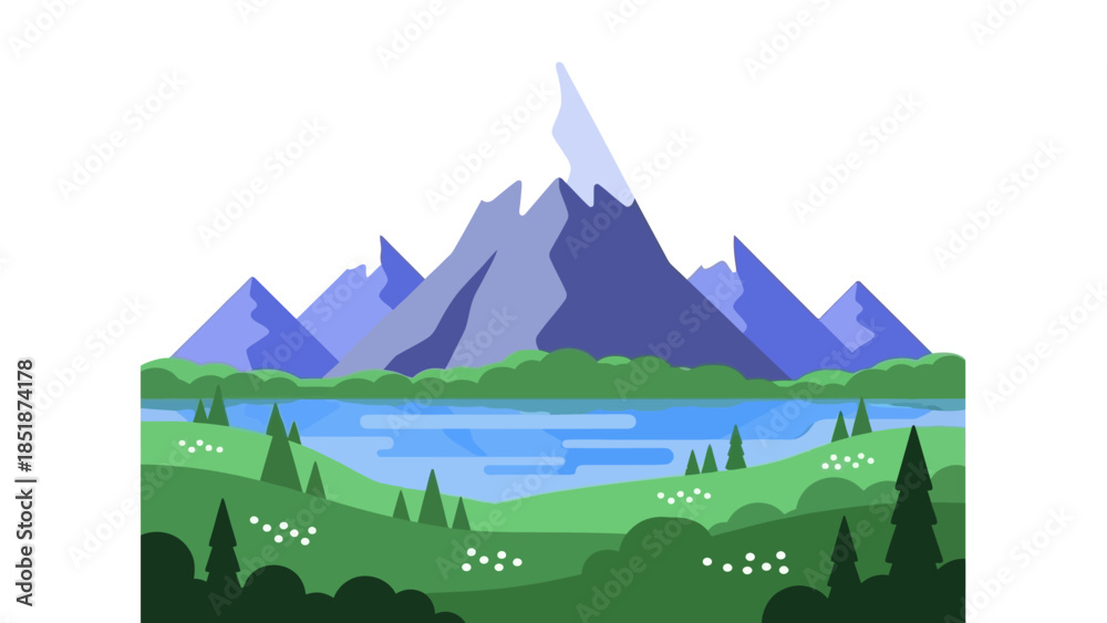 Naklejka premium Peaceful mountain landscape with a serene lake and lush green hills under a clear blue sky, evoking tranquility and natural beauty