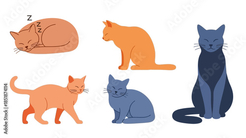 Collection of five cute and colorful cartoon cats in different poses and colors, depicting various feline activities and moods for graphic design and illustrations