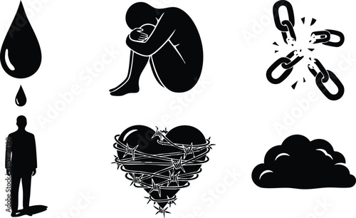 Flat design silhouette icon set showing six symbols tear drop above standing person curled figure hugging knees broken chain heart wrapped in barbed wire solitary cloud