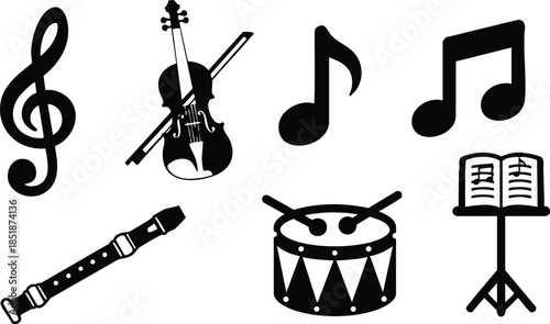Flat design close up row of black musical instrument icons including treble clef violin with bow drum recorder music notes and sheet music on stand vector