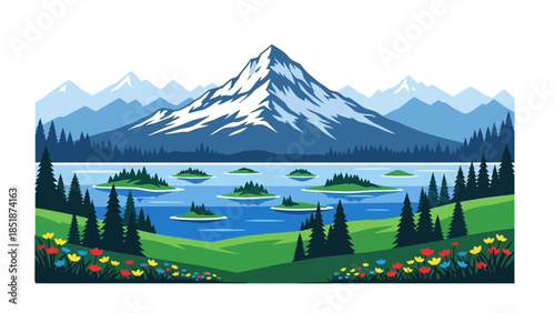Serene Mountain Lake Landscape with Islands and Wildflowers