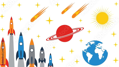 A vibrant cosmic scene featuring rockets launching towards a glowing sun, a ringed planet, and Earth against a backdrop of stars and shooting stars, perfect for space exploration and science themes